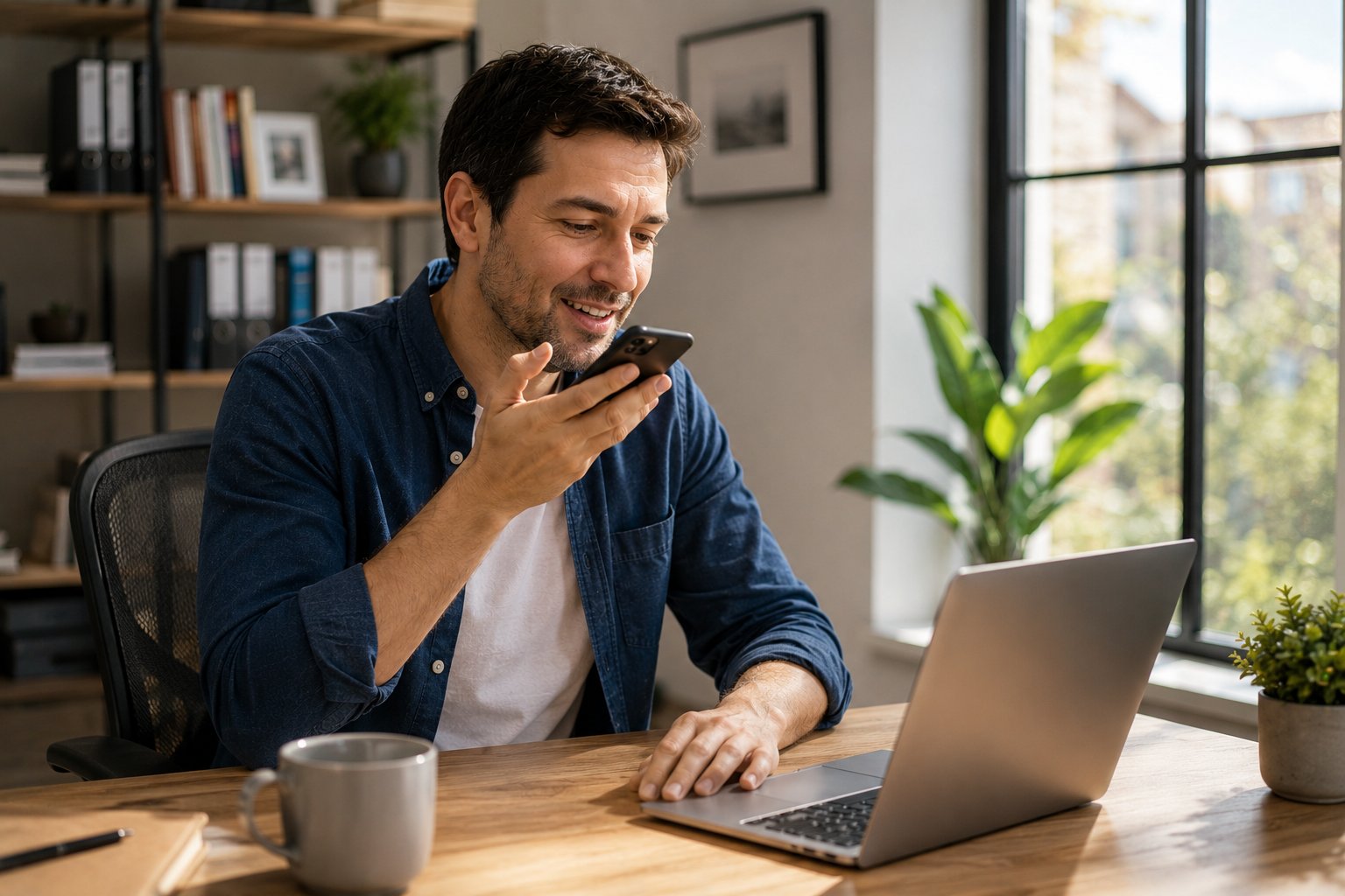 Uomo rilassato che parla allo smartphone